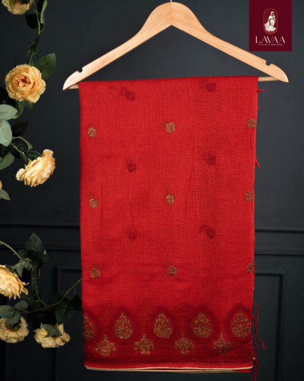 Red Cotton Saree with Embroidery - Image 4