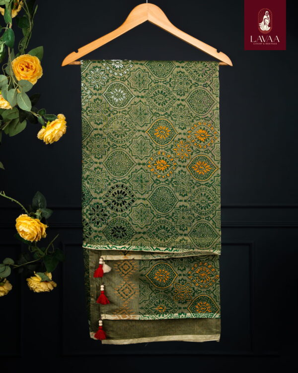 Sage Green Cotton Block Print Saree - Image 3