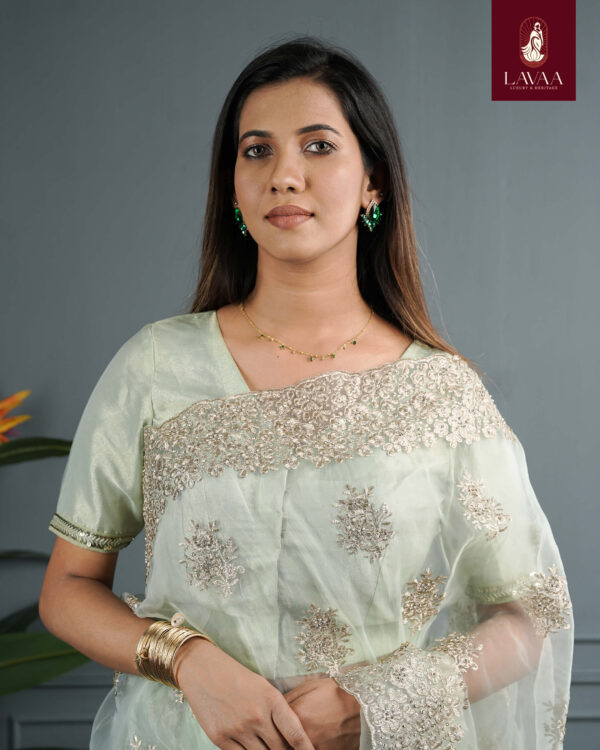 Mint Green Tissue Organza Saree - Image 3