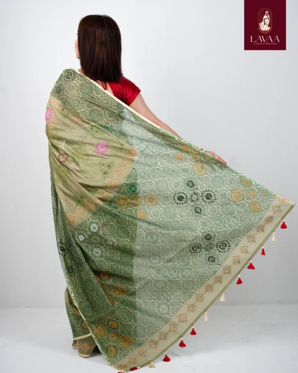Sage Green Cotton Block Print Saree - Image 2