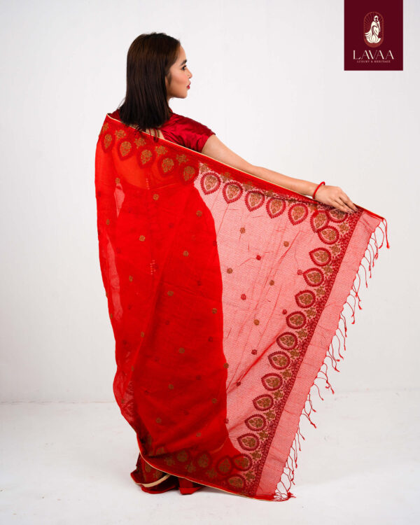 Red Cotton Saree with Embroidery - Image 2
