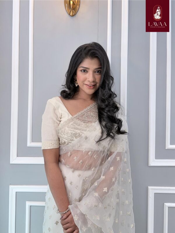 Pearl White Shimmer Net Saree - Image 3